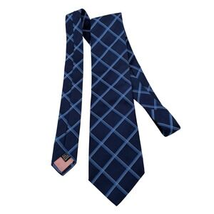 Thomas Pink Mens Silk Tie Navy Blue Light Blue Geometric Lattice Made in France